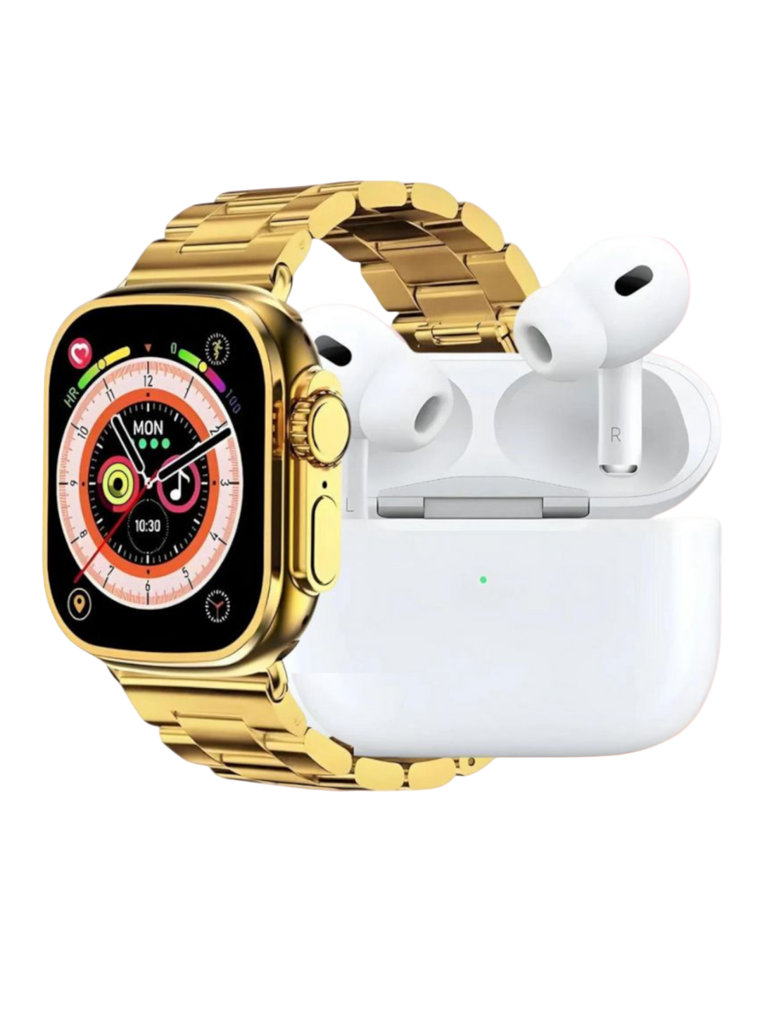 i20 Ultra Max Suite – Golden Smartwatch with EarPods & 7 Straps (2025 Edition)