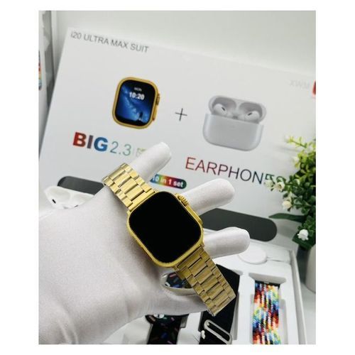 i20 Ultra Max Suite – Golden Smartwatch with EarPods & 7 Straps (2025 Edition)