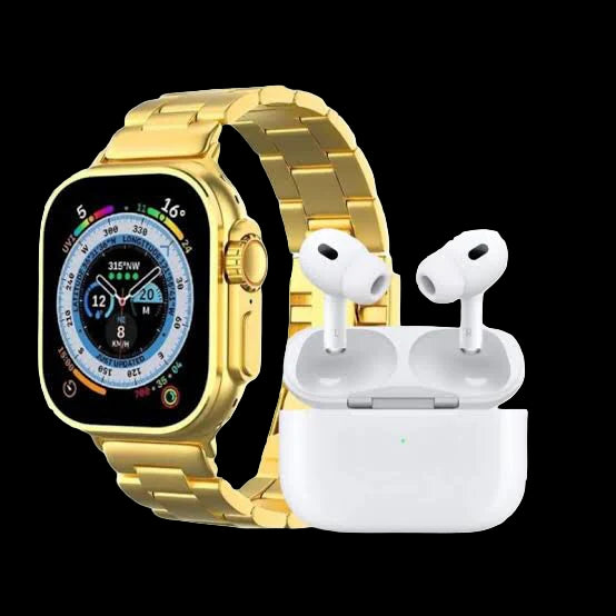 i20 Ultra Max Suite – Golden Smartwatch with EarPods & 7 Straps (2025 Edition)