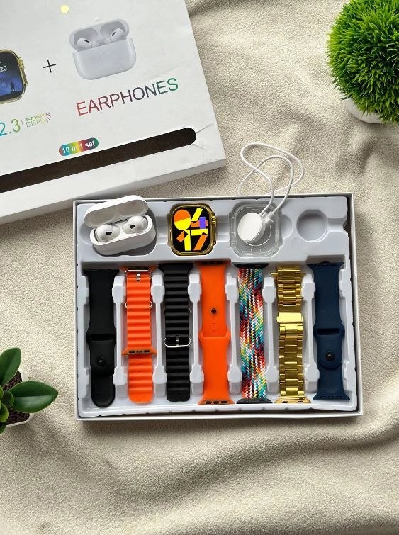 i20 Ultra Max Suite – Golden Smartwatch with EarPods & 7 Straps (2025 Edition)