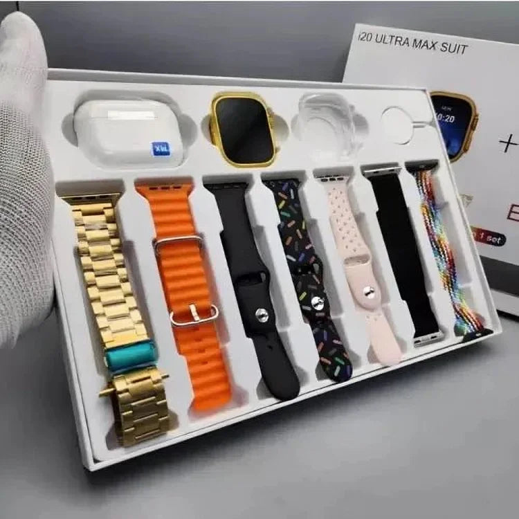 i20 Ultra Max Suite – Golden Smartwatch with EarPods & 7 Straps (2025 Edition)